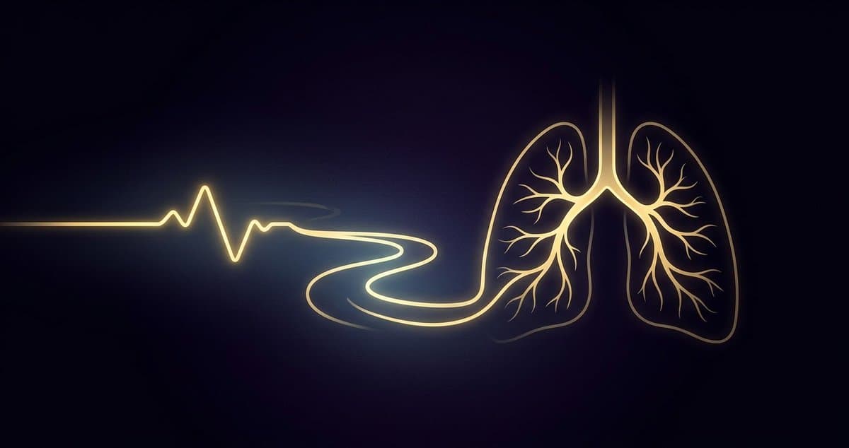 Gold lines connect a heartbeat, a winding river and branching lungs against a dark background.