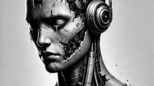 Black-and-white portrait of a humanoid robot with exposed mechanical features.
