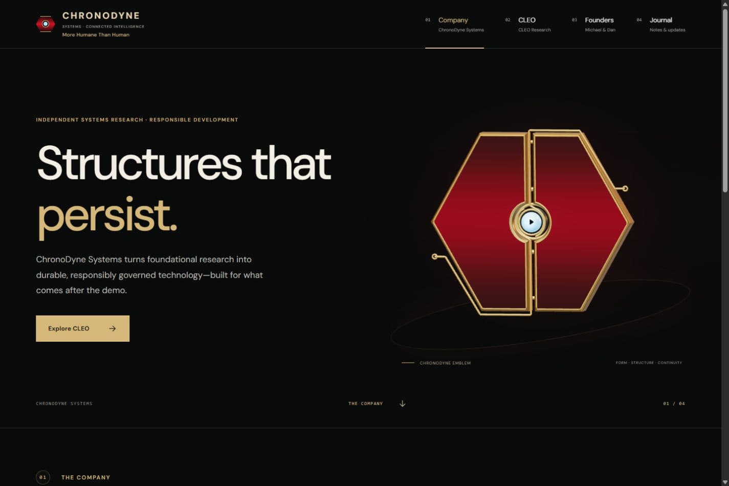 The deployed ChronoDyne company page, with its Structures that persist headline and dimensional emblem.